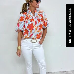 Floral Puff Sleeve Top - Orange and White
